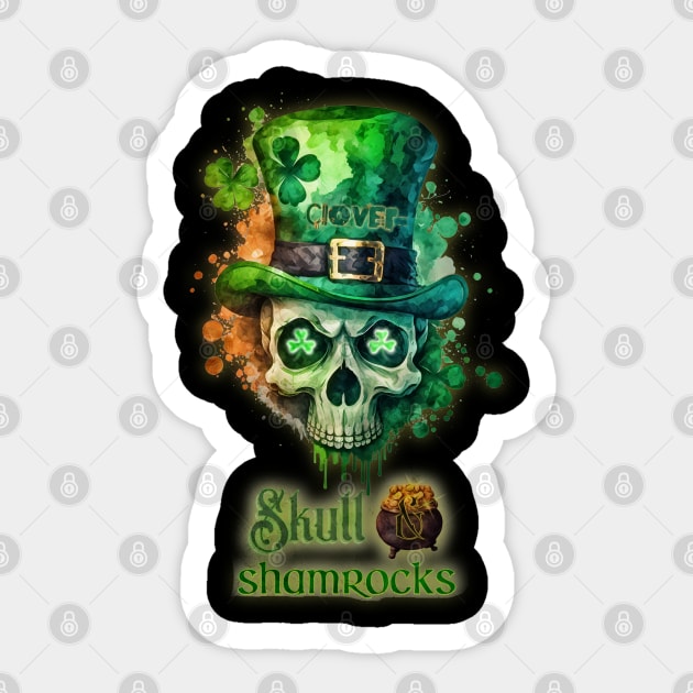 St. Patrick's Day Skull and Shamrocks Design Sticker by mythikcreationz